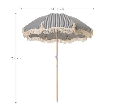 Sombrilla vintage de rayas azul marino con flecos ø180 x 230 cm.